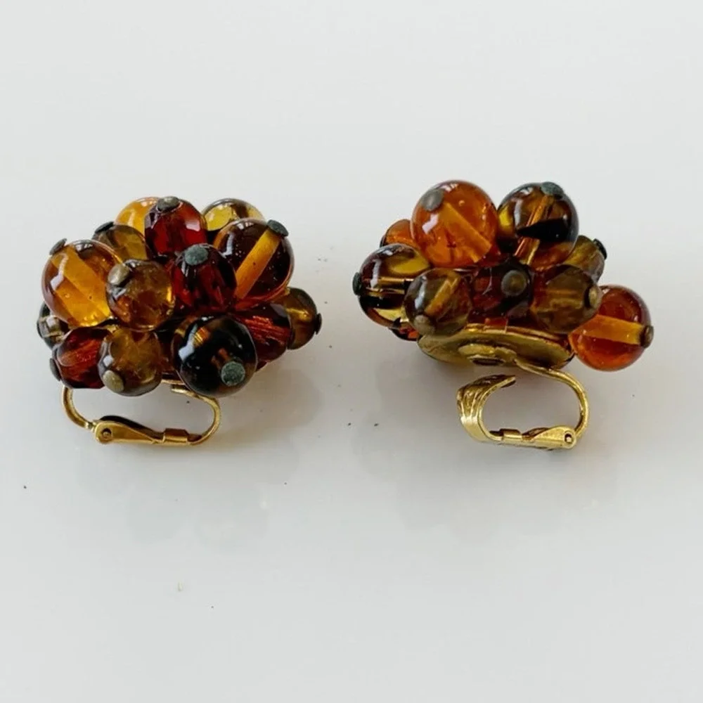 Vintage Marvella Cluster Bead Clip On Earrings Amber
